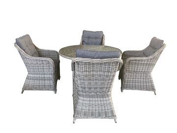 Havesæt model Malaga. 4 stole + ø120cm bord i mixed gråt rundt polyrattan. lev ca 1-6-24
